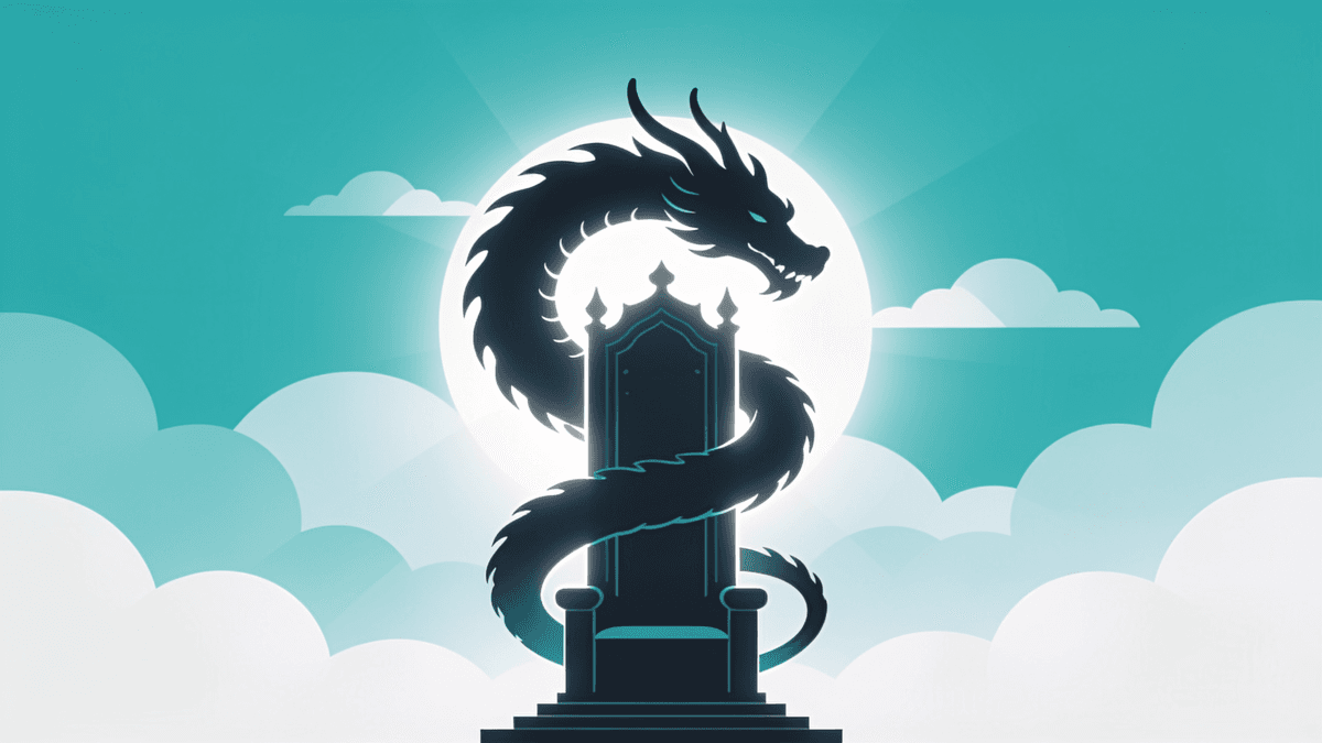 Stylised turquoise-and-white vector illustration of a dragon coiled around a throne tower