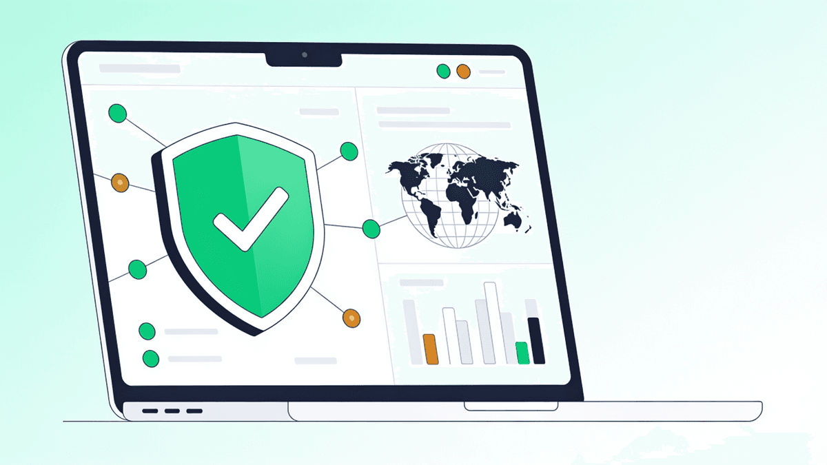 Illustration of a laptop running a VPN diagnostics dashboard with IP, DNS and connection-status indicators.