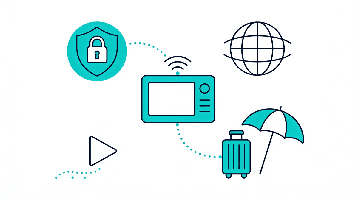 Abstract turquoise and white illustration of a TV screen sending a signal arc to a suitcase and beach umbrella, symbolising watching UK television while travelling abroad.