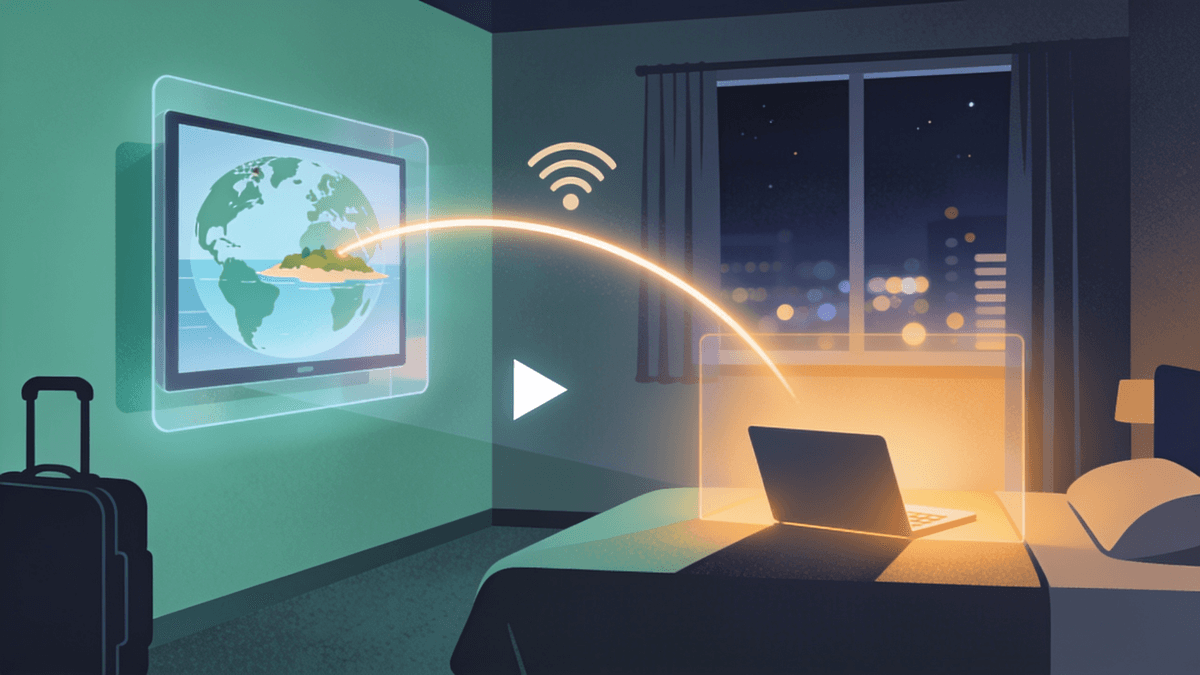 A traveller watching British television on a laptop in a hotel room abroad at night