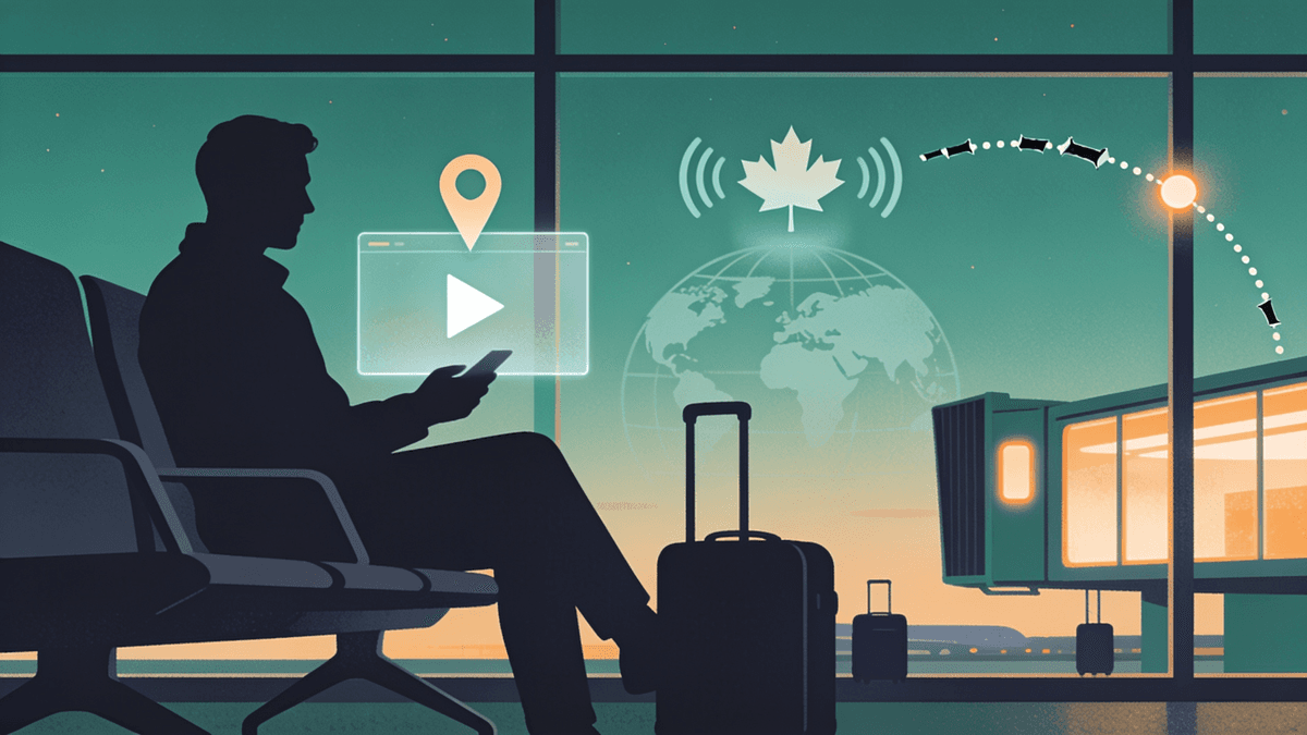 A Canadian traveler in an airport lounge looking at a tablet showing a blocked streaming app