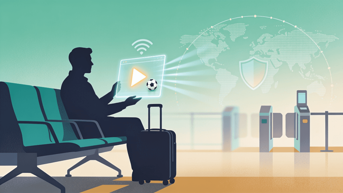 A traveller watching a live football match on a phone in an airport lounge, with a VPN shield icon indicating a home-country connection