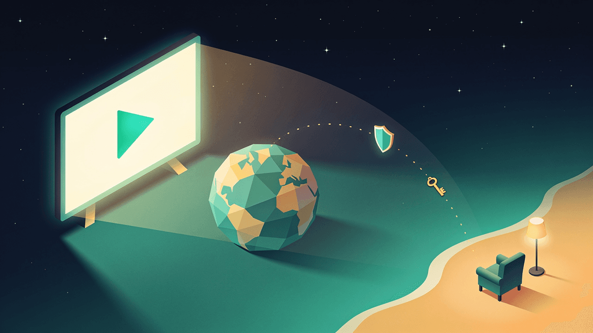 Illustration of a streaming play button beaming from a television across a stylized globe to a viewer's armchair far away
