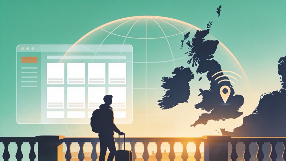 Illustration of a traveller abroad holding a tablet that shows a streaming service blocked outside the UK.