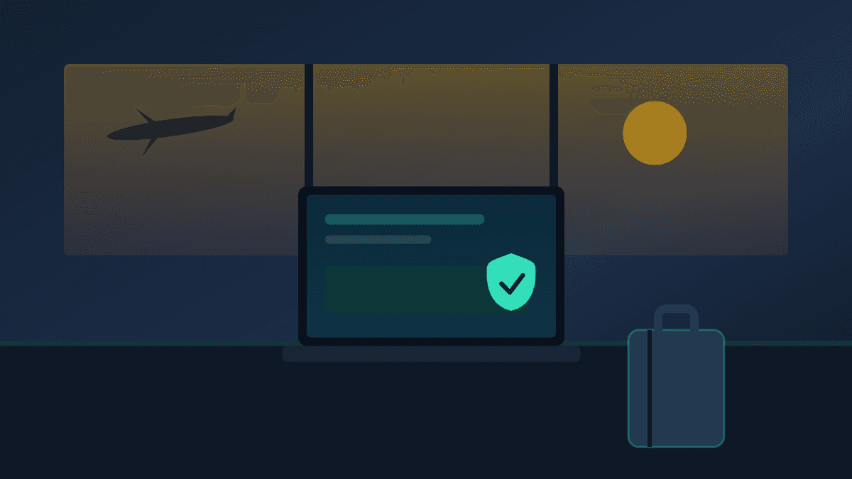 A traveller watching Paramount+ on a laptop in an airport lounge, with a VPN shield icon overlaid on the screen