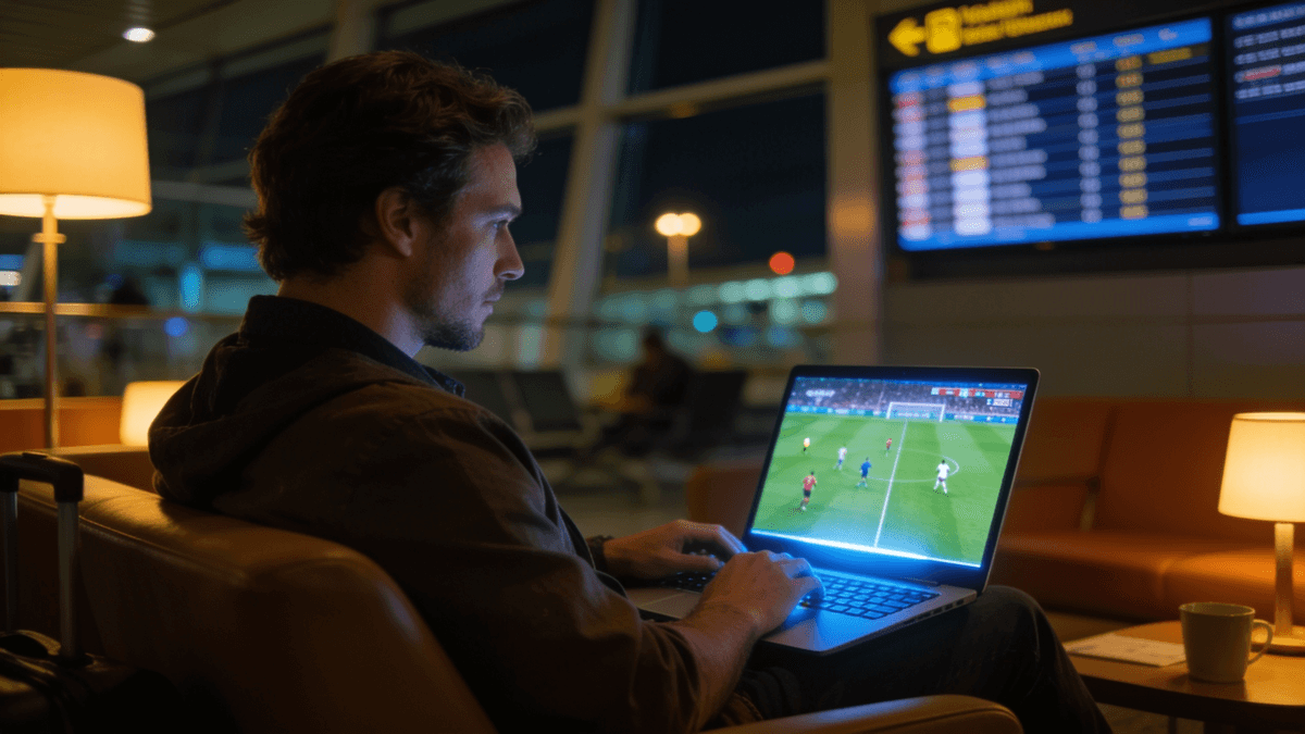 A traveler watching a live soccer match on a laptop in an airport lounge at night