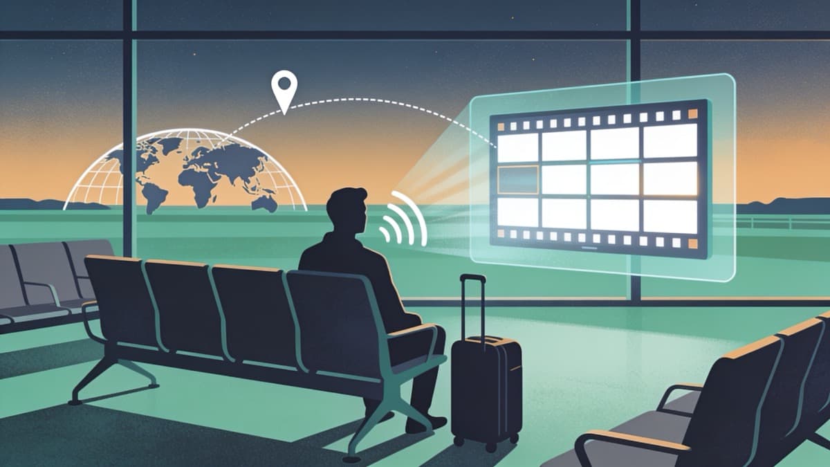 A traveler streaming Sling TV on a laptop in an airport lounge with a US server connection restoring their live channels