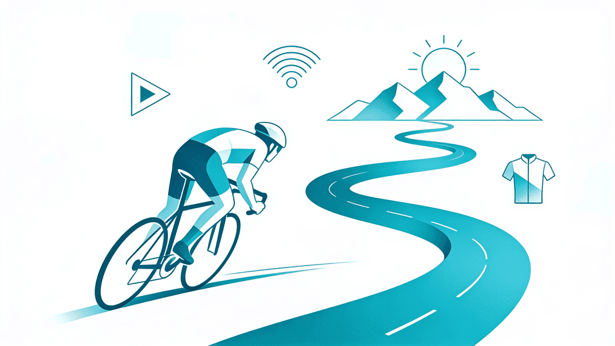 Abstract turquoise line-art of a road cyclist leaning into a curve with a road ribbon spiralling toward mountains, a sun and minimal broadcast-signal and play-button icons