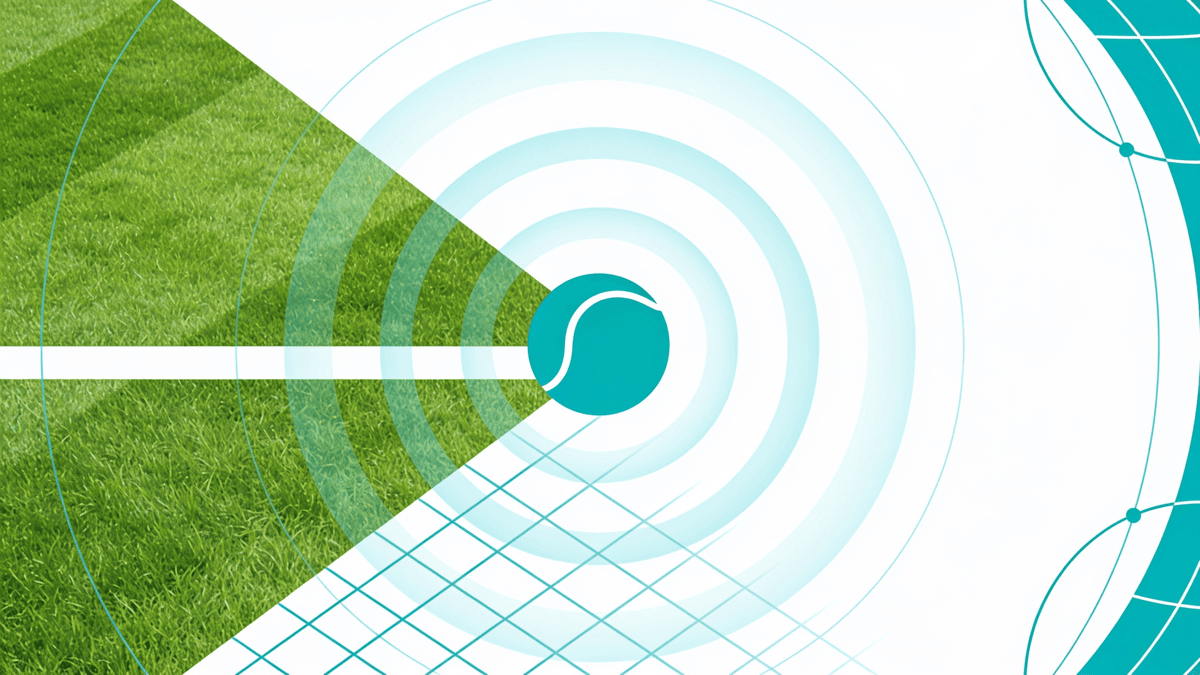 Abstract turquoise-and-white illustration of a tennis ball, a grass-court baseline and broadcast signal rings radiating across a globe curve, suggesting Wimbledon being watched worldwide.