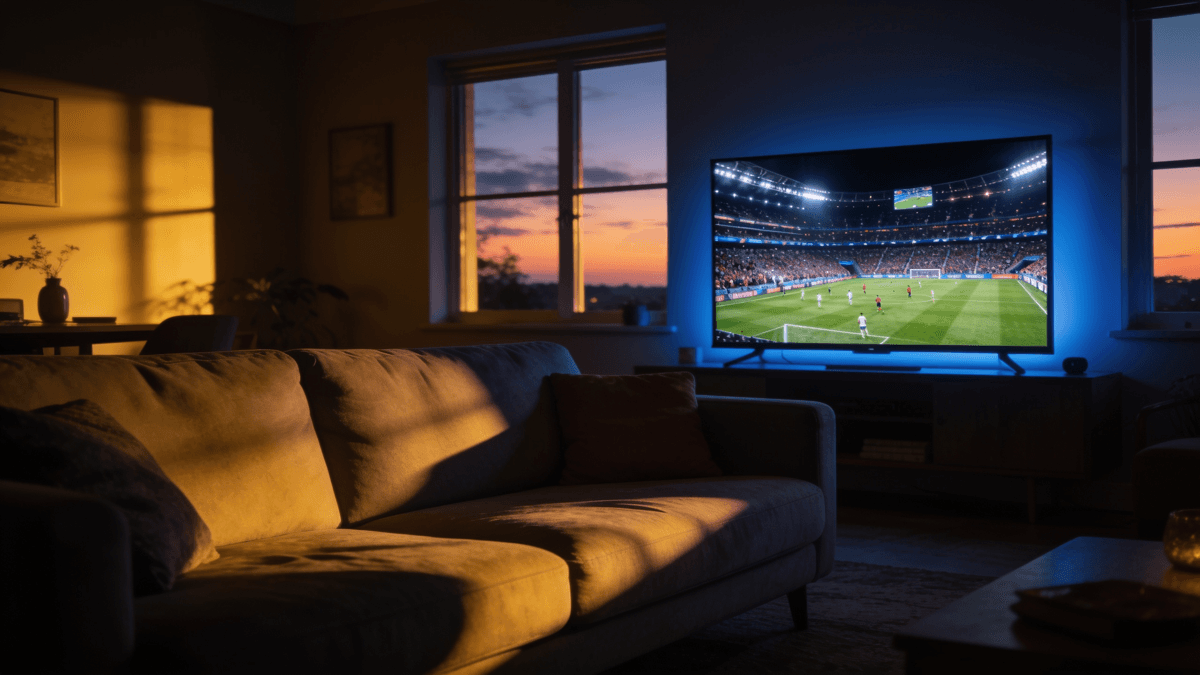 A living room television showing a floodlit World Cup stadium at night