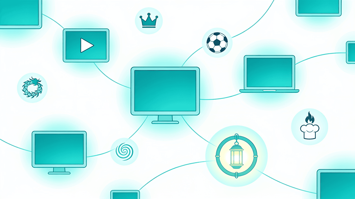 Abstract turquoise-and-white illustration of glowing connected screens with small play, crown, soccer, dragon, lantern and flame icons representing a year of television