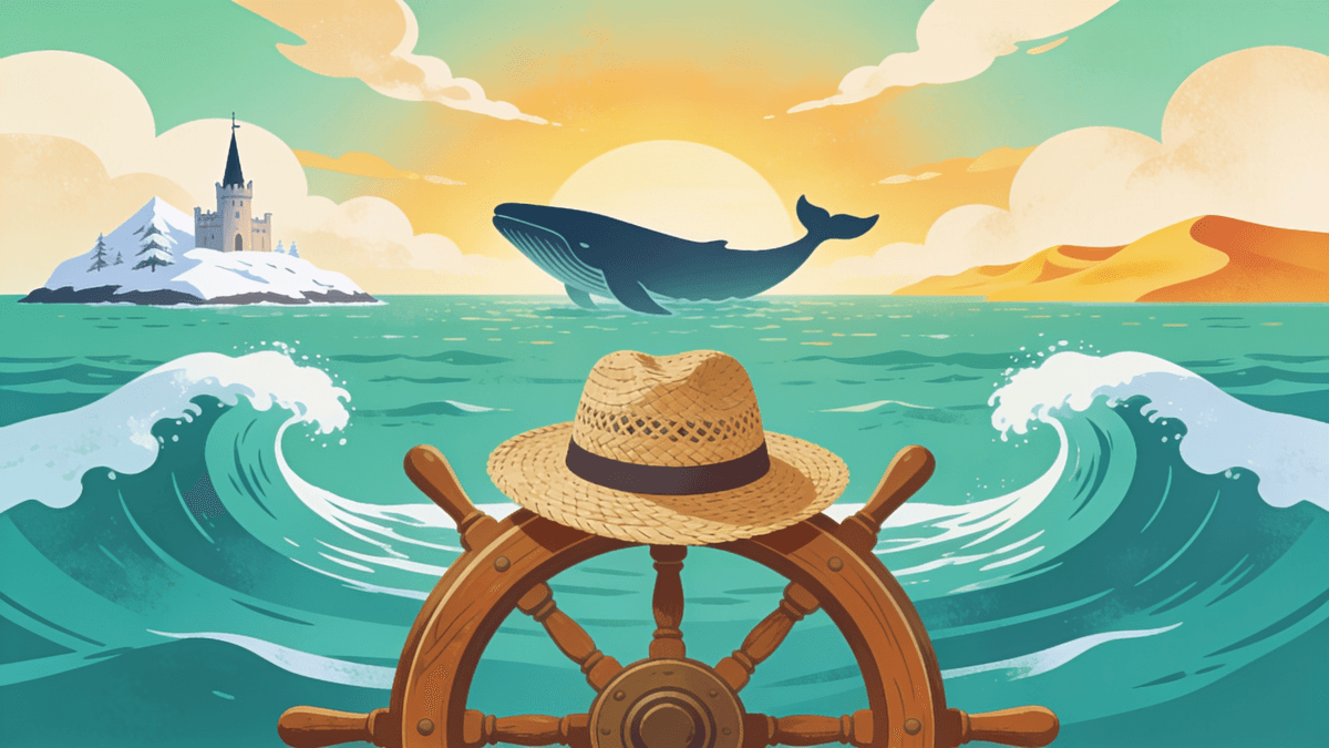 Illustration of a straw hat on a ship's wheel sailing toward a giant whale, with a snowy island and desert dunes on the horizon