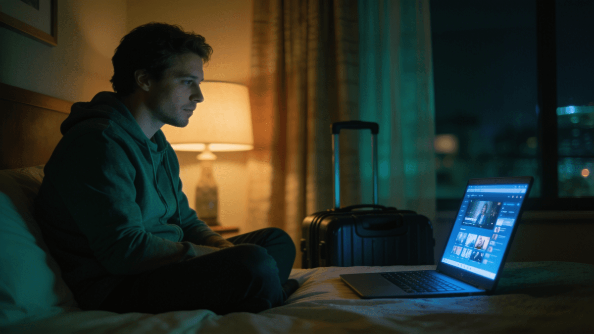 A traveler watching a streaming app on a laptop in a dimly lit hotel room with a suitcase beside the bed