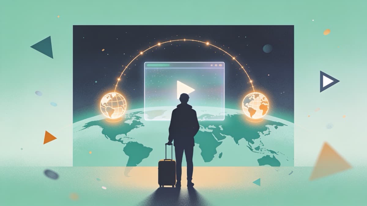 Illustration of an anime fan watching Crunchyroll on a laptop while travelling, with a map showing region-locked catalogues across different countries.