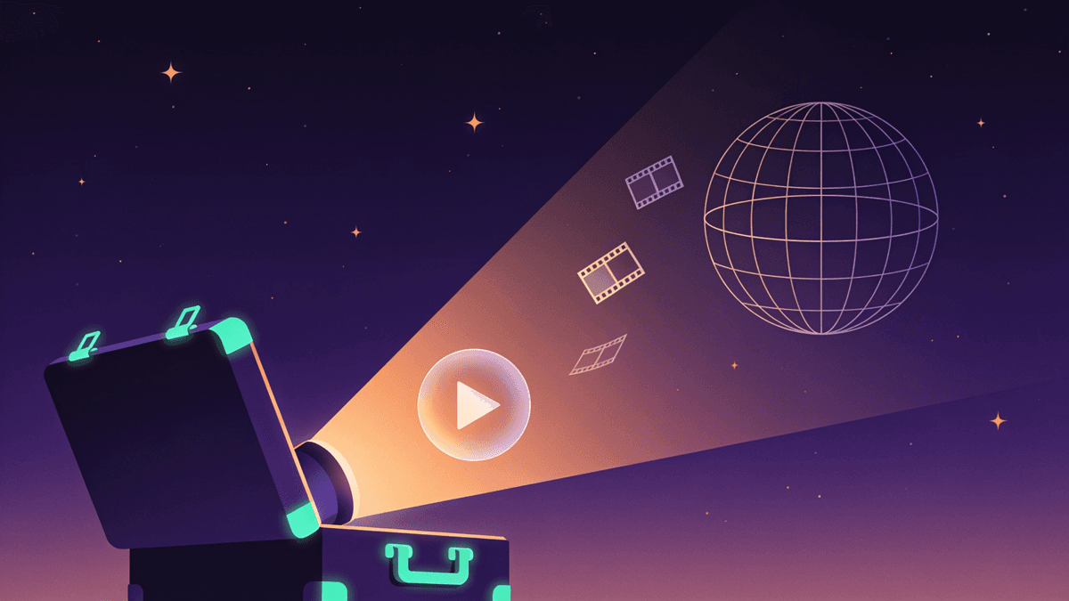 Illustration of an open suitcase projecting a beam of light with a play button toward a wireframe globe, symbolizing streaming HBO Max while traveling abroad