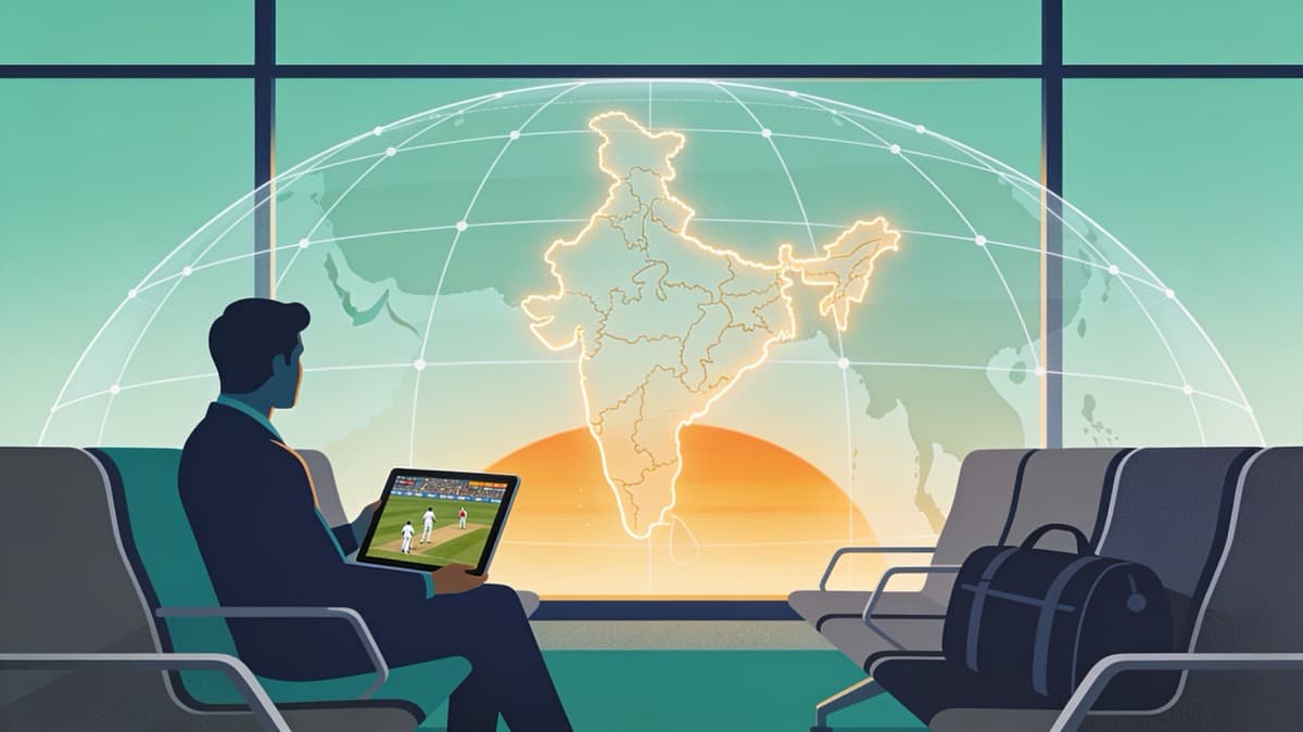 Flat vector illustration of a traveller streaming Indian cricket on a tablet from an airport, with a faint geo-restriction boundary around a map of India