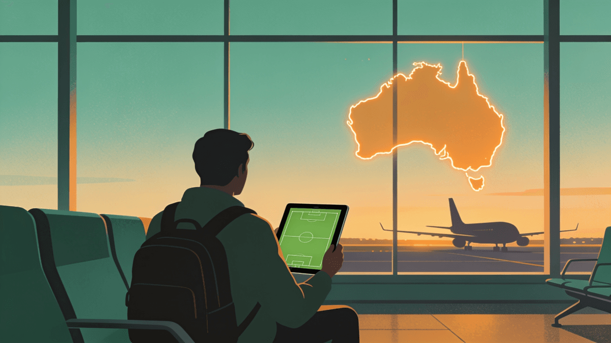 A traveller in an airport lounge looking at a tablet showing an Australian sports app blocked in their region