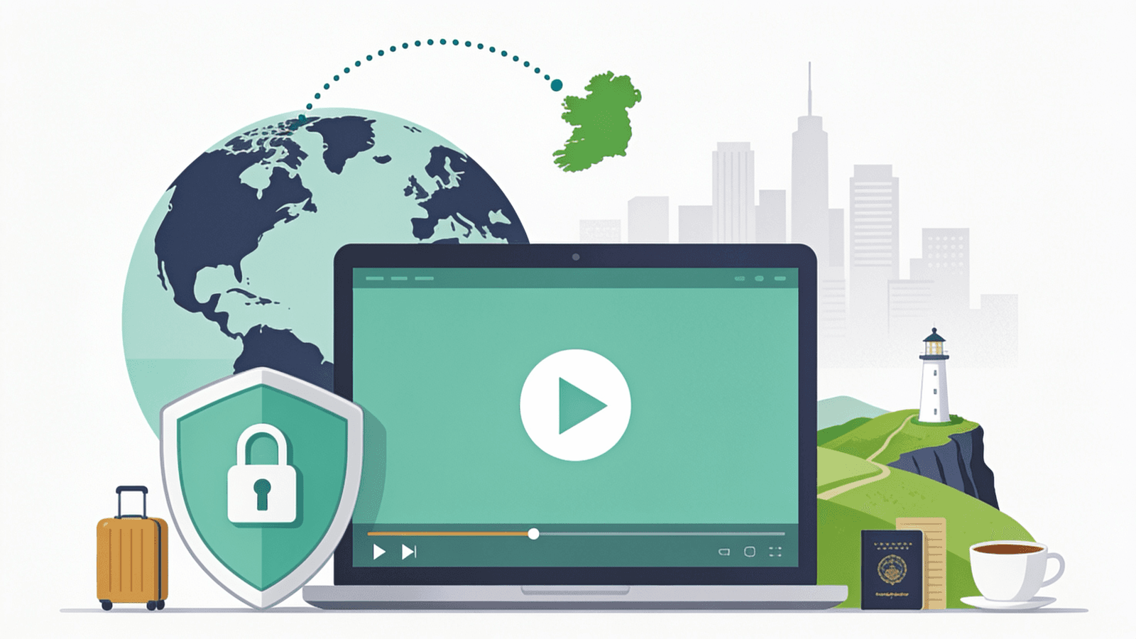 Illustration of a streaming screen with a play icon, a VPN shield and lock, a globe with a route arcing towards Ireland, green fields and a suitcase
