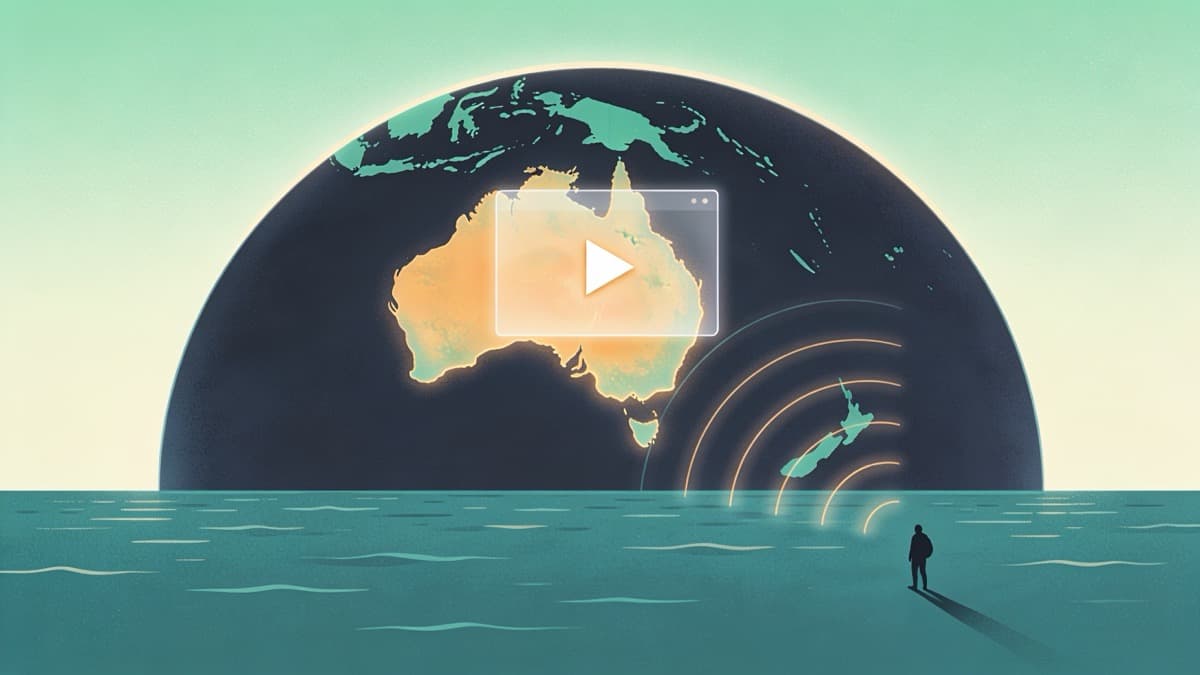 A smart TV in a living room paused on a streaming app, with a passport and boarding pass on the coffee table, suggesting watching Australian TV while travelling