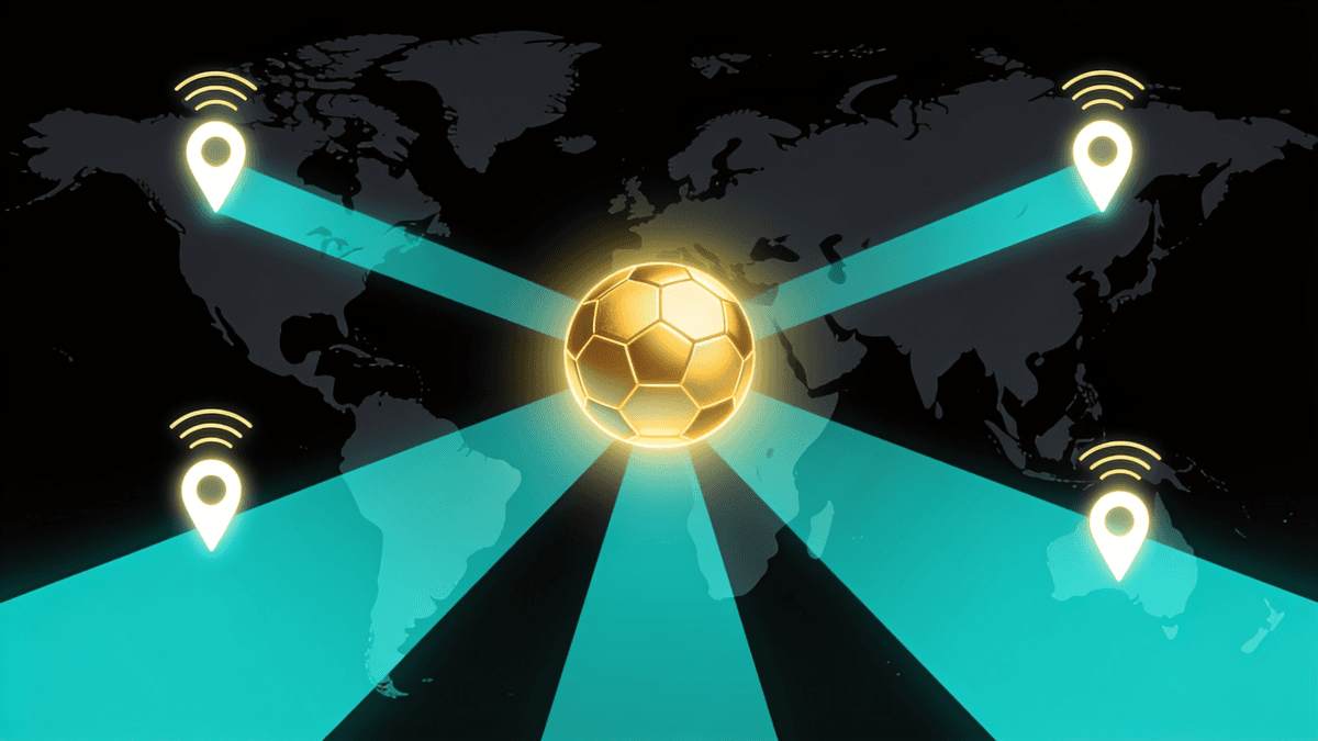 World map showing free-to-air World Cup 2026 broadcasters connected by streaming lines to a central football