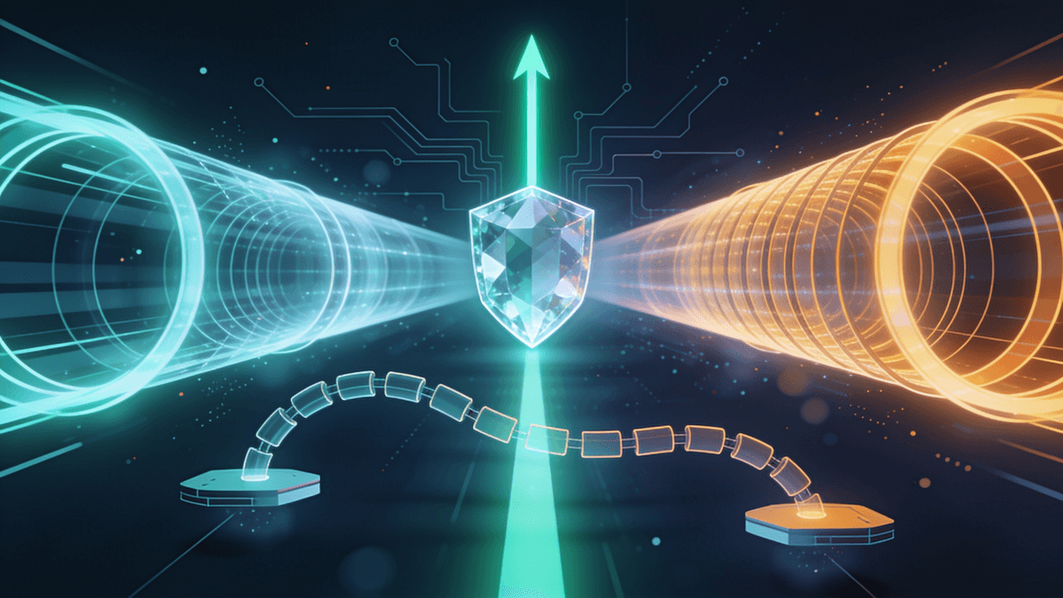 Abstract illustration of three glowing light tunnels of different shapes converging on a faceted geometric shield, representing different VPN protocols