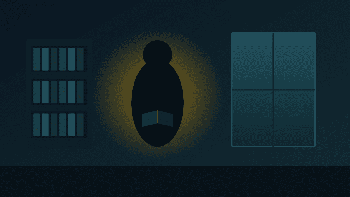 A lone silhouette reading by lamplight in a dark apartment, evoking the psychological-thriller mood of You Season 5.