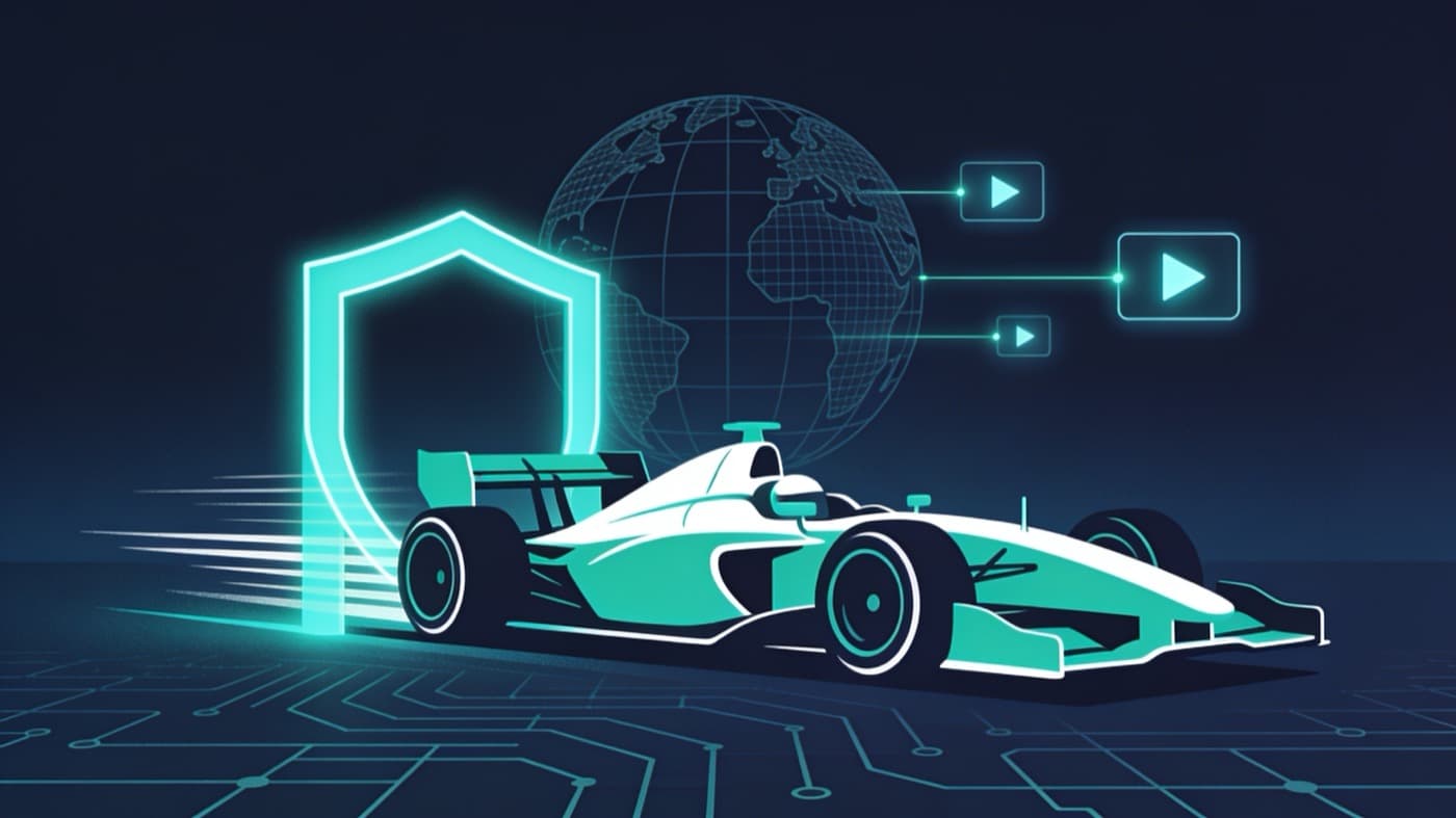 Illustration of a Formula 1 car passing through a VPN shield gate with a globe and streaming icons
