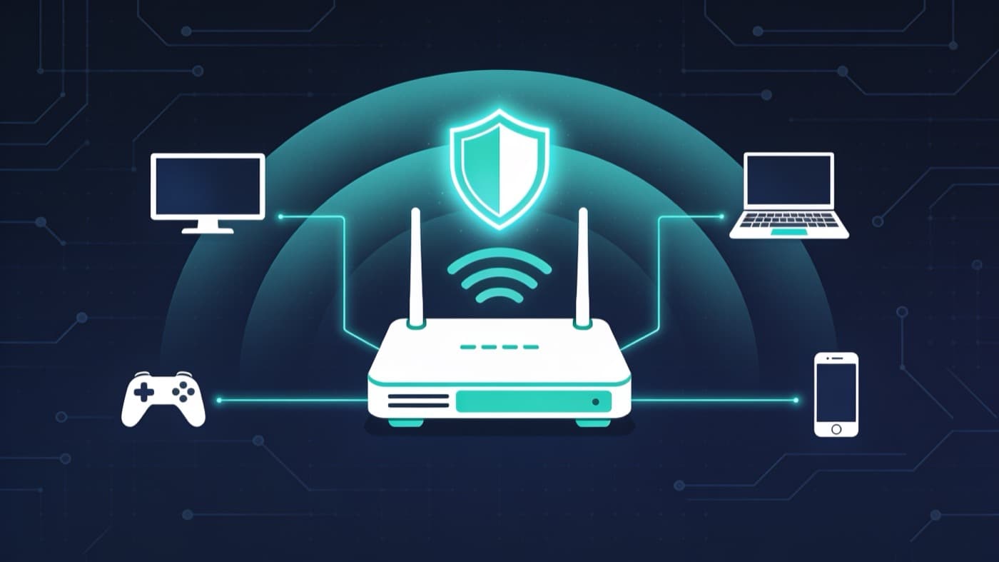 Illustration of a Wi-Fi router with a protective VPN shield covering a TV, console, laptop and phone