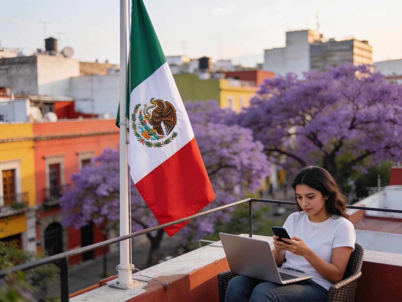 Una mujer usa la laptop y el celular en una azotea de la Ciudad de México, junto a una bandera de México y jacarandas en flor