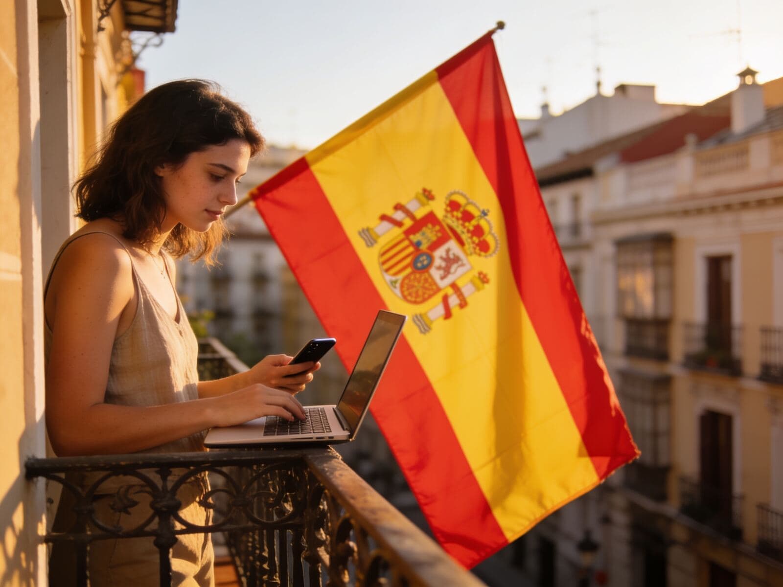 Una mujer usa el portátil y el móvil en un balcón de Madrid del que cuelga una bandera de España