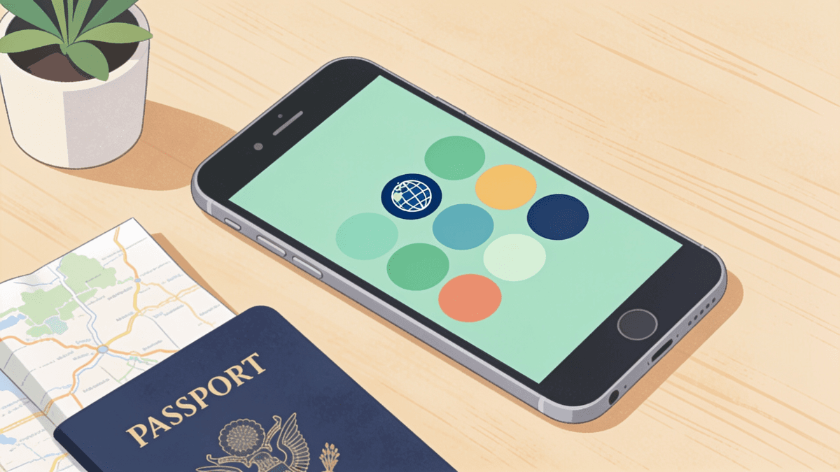 Illustration of an Android smartphone on a wooden desk showing a grid of round app tiles with a globe icon, next to a passport, a folded map and a potted plant