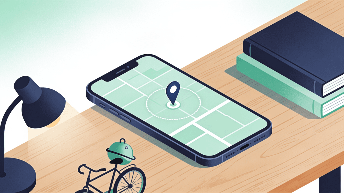 Illustration of a smartphone on a wooden desk showing a map with a location pin and a dotted search circle, next to a desk lamp, a small bicycle and a stack of books