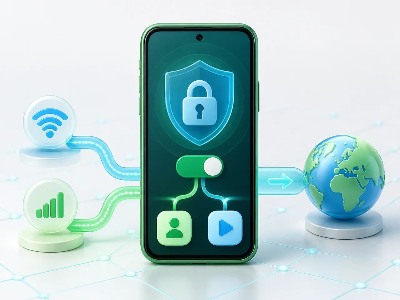 Secure Android phone with a VPN shield, connection controls and network routes