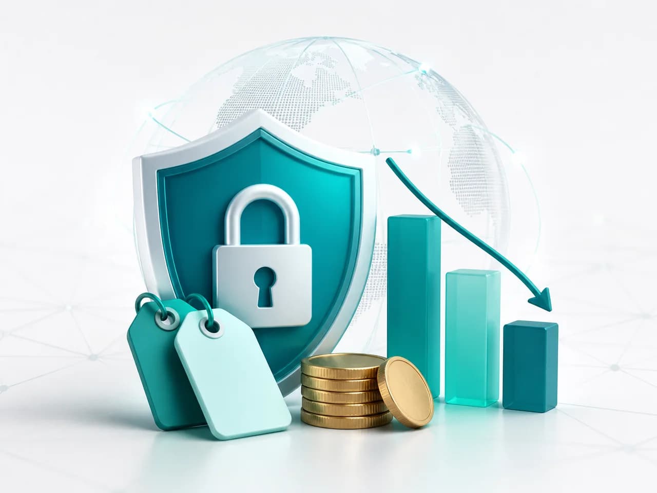 VPN shield beside price tags, coins and a chart showing lower costs