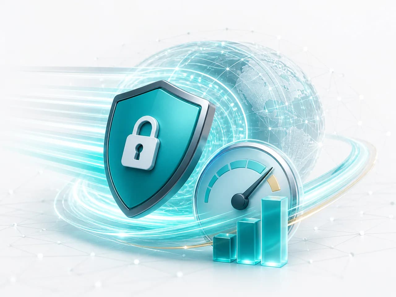 VPN shield with a speed gauge, performance bars and fast network trails