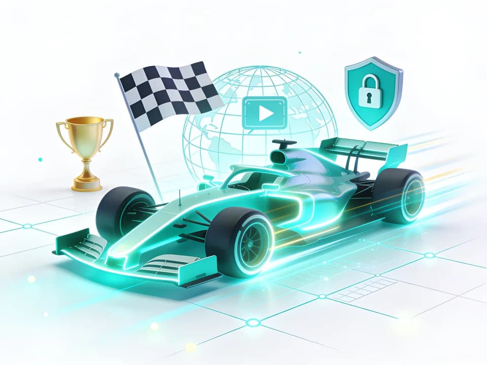Racing car with a checkered flag, trophy, VPN shield and global stream