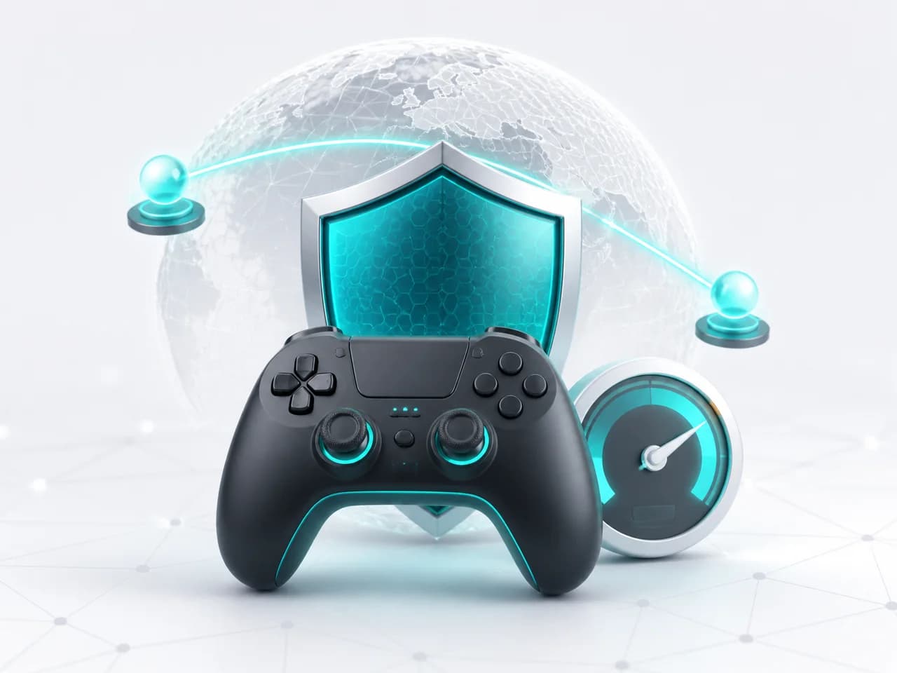 Game controller with a VPN shield, latency gauge and global network route