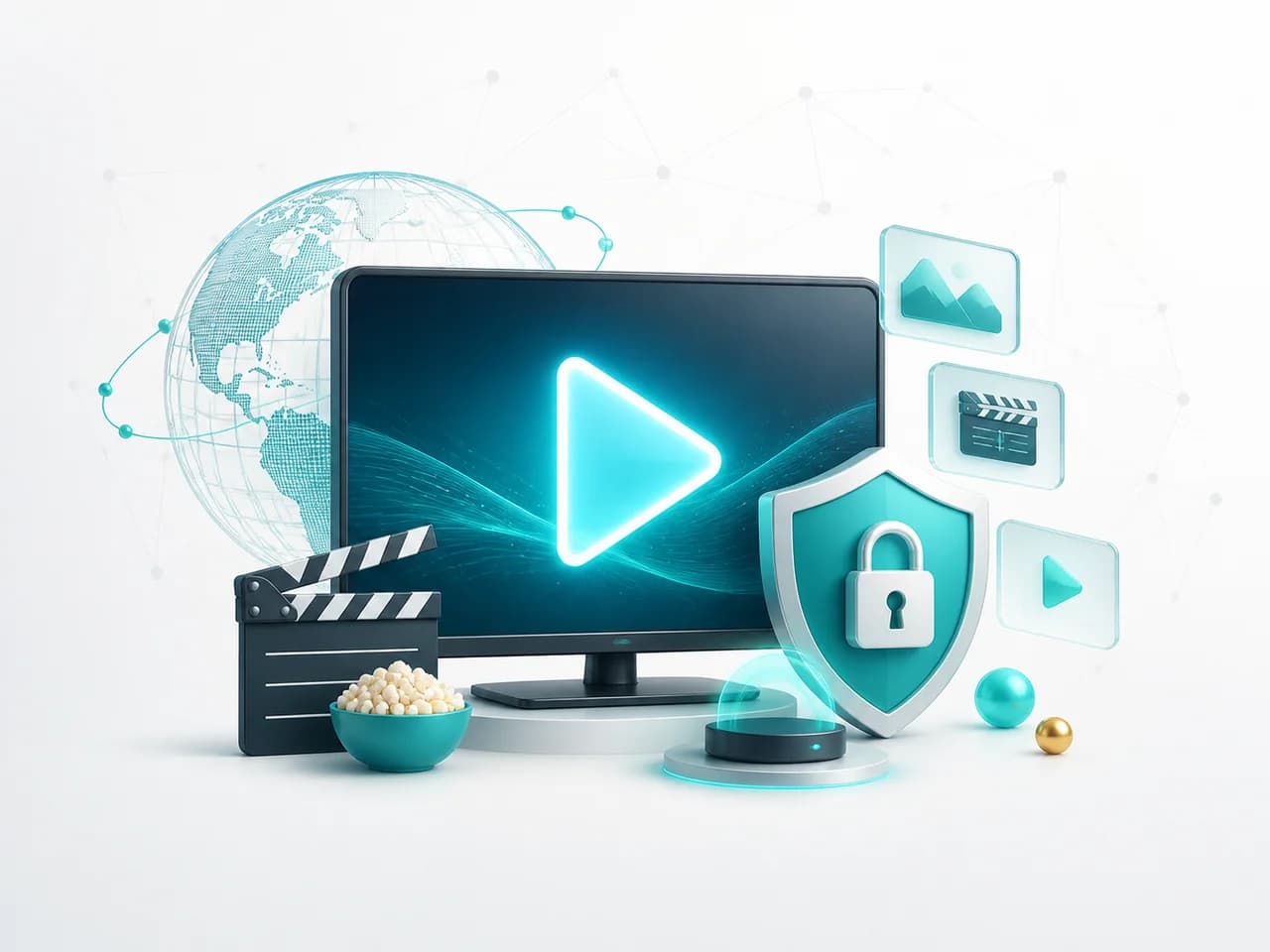 Secure streaming screen with a play icon, VPN shield and global network