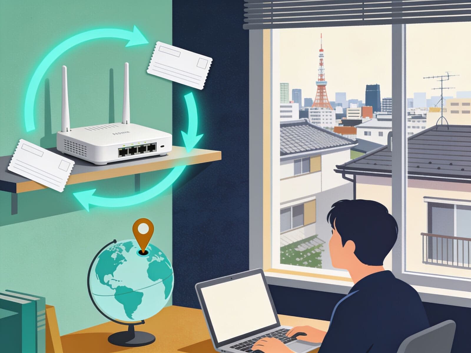 棚の上のルーターのまわりを矢印が回り、アドレスのタグが入れ替わって地球儀のピンが移動する様子を描いたイラスト