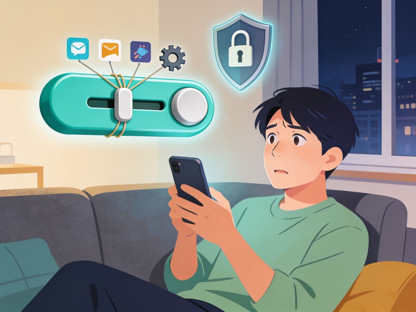 スマートフォンを持つ男性の横で、VPNのスイッチがアプリのアイコンに糸で引っぱられてオフにできない様子を描いたイラスト