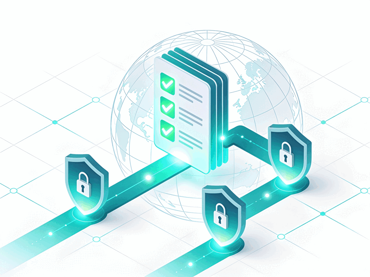 Illustration of a quiz card with checkmarks branching into three secure VPN shield paths over a wireframe globe